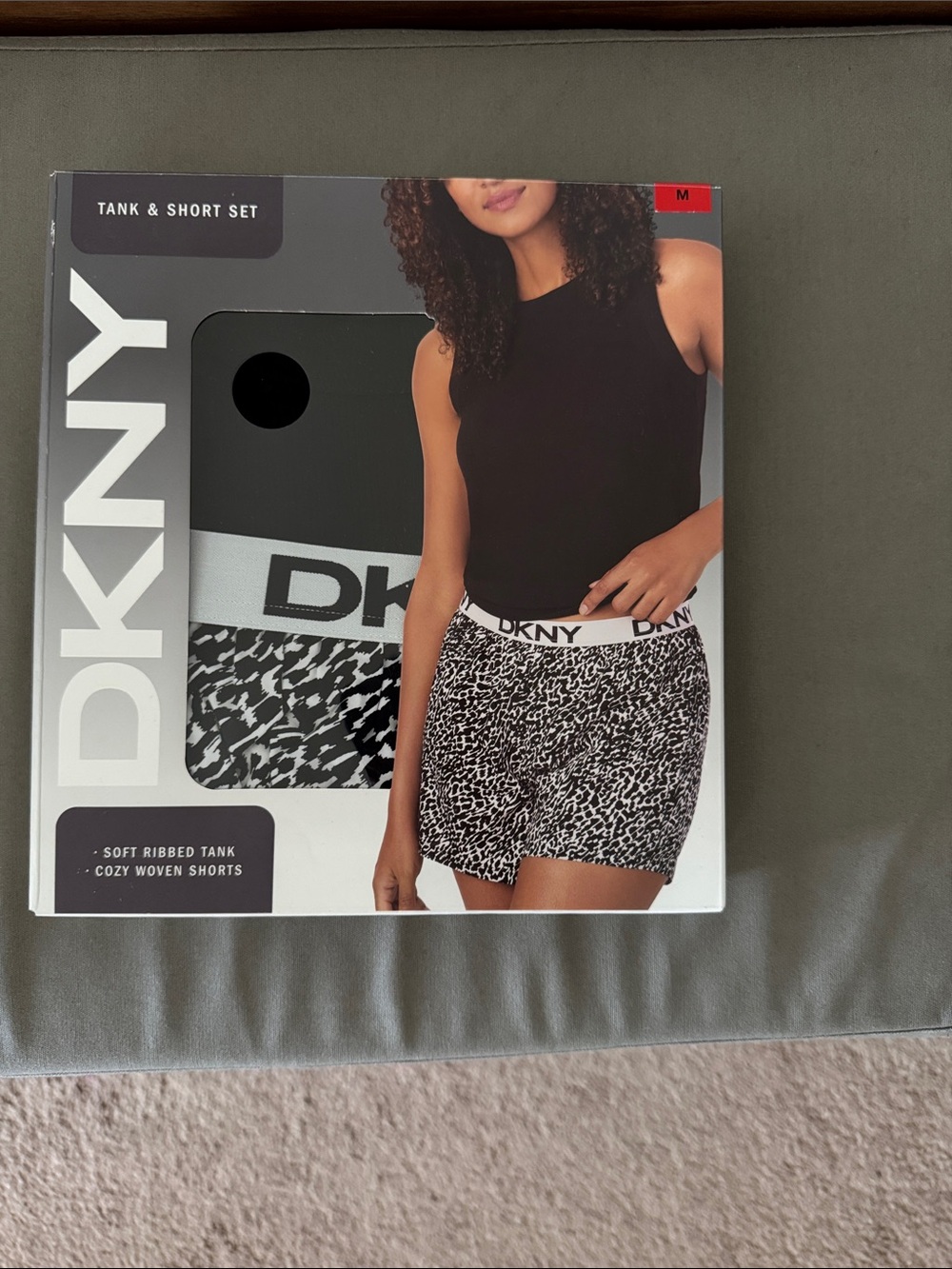 DKNY Black Ribbed Tank with Black & White Leopard Shorts